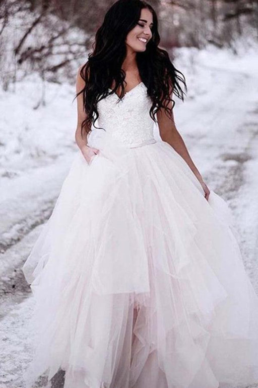 Charming Straps Lace Top Backless Tulle Asymmetrical Ivory Wedding Dress - Wedding Dresses