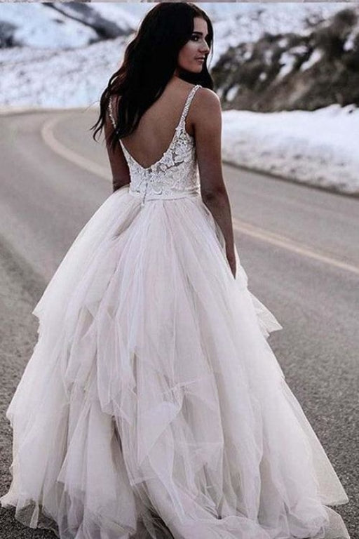 Charming Straps Lace Top Backless Tulle Asymmetrical Ivory Wedding Dress - Wedding Dresses