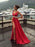 Charming V Neck Deep Slit Red Prom Dresses, Red Formal Dresses, Red Evening Dresses