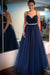 Charming V Neck Navy Blue Tulle Long Prom Dresses with Belt, Navy Blue Formal Graduation Evening Dresses 