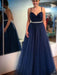 Charming V Neck Navy Blue Tulle Long Prom Dresses with Belt, Navy Blue Formal Graduation Evening Dresses 