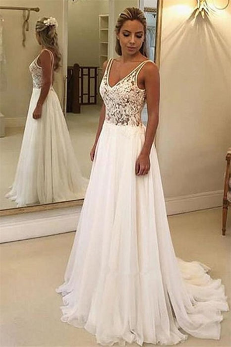 Charming V-Neck Sleeveless Appliques A-Line Floor-Length Prom Dresses - wedding dresses