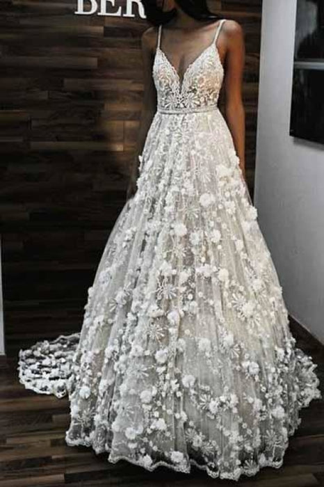 Charming V Neck Spaghetti Straps Lace Backless Long Wedding Dress - Wedding Dresses