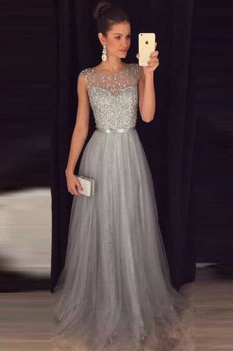 Cheap A-line Gray Sleeveless Tulle Sequined Long Formal Dress Prom Dresses - Prom Dresses