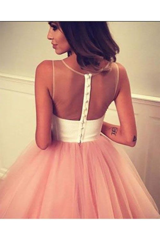 Cheap A Line Sheer Neckline Tulle Short Prom with Appliques Cute Homecoming Dress - Prom Dresses