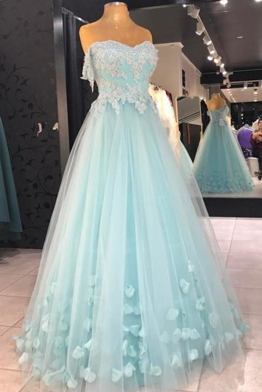 Cheap A Line Strapless Floor Length Tulle Prom with Flowers Appliqued Formal Dress - Prom Dresses