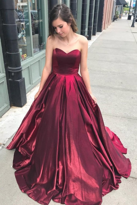Cheap Burgundy Sweetheart Long Prom Simple Puffy Formal Dress - Prom Dresses
