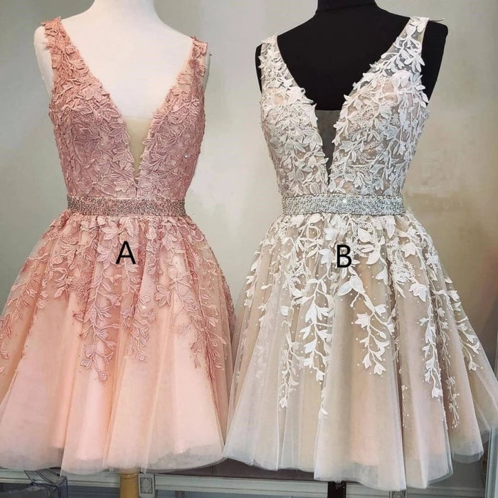 Cheap Cute V-Neck Applique Lace Homecoming Tulle Short Prom Dress - Prom Dresses