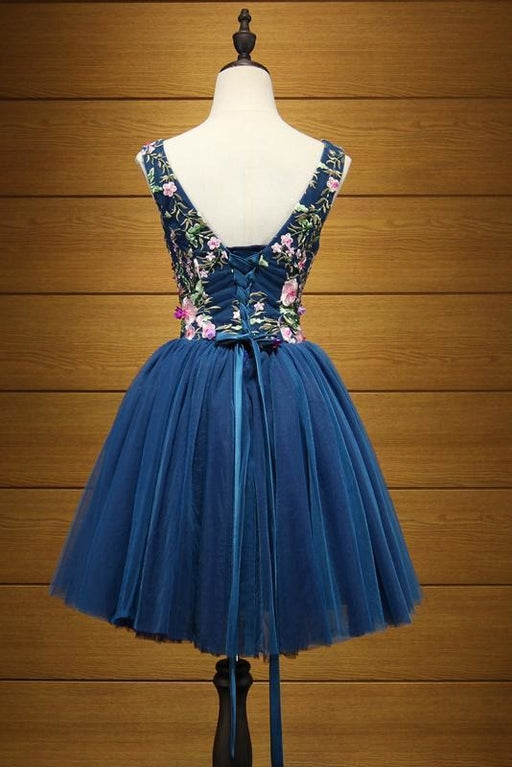 Cheap Dark Blue V Neck Tulle Short Homecoming Dress with Appliques - Prom Dresses