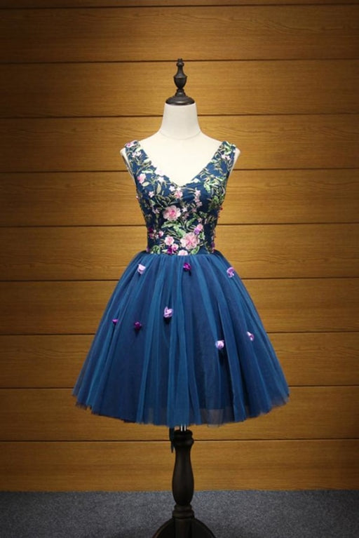 Cheap Dark Blue V Neck Tulle Short Homecoming Dress with Appliques - Prom Dresses