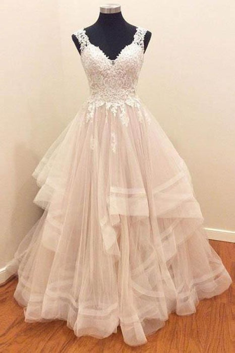 Cheap Ivory A-line V-neck Sleeveless Tulle Prom Dress with Lace Appliques - Prom Dresses