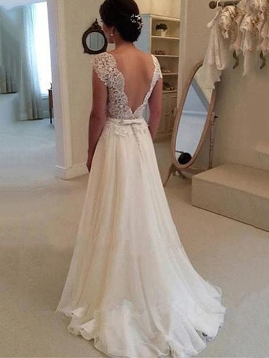 Cheap Jewel Backless Lace A-Line Wedding Dresses - wedding dresses