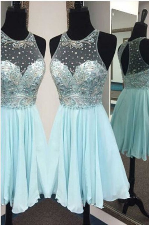 Cheap Light Blue Beaded Sleeveless Chiffon Juniors Homecoming Dresses - Prom Dresses