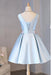 Cheap Light Blue Sleeveless Satin Short Prom with Appliques Homecoming Dress - Prom Dresses