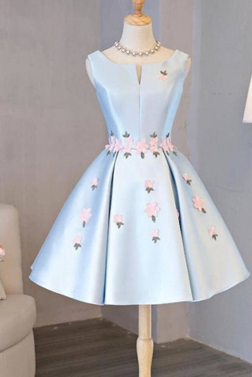 Cheap Light Blue Sleeveless Satin Short Prom with Appliques Homecoming Dress - Prom Dresses