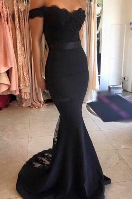 Cheap Mermaid Long Dress lace Black Off the Shoulder with Sash Prom Gowns - Prom Dresses