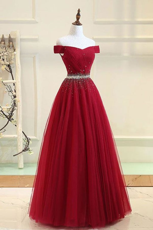 Cheap Off the Shoulder Tulle Long Prom with Rhinestones Burgundy Formal Dress - Prom Dresses