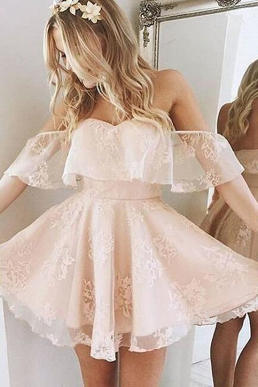 Cheap Pearl Pink Lace Sweet Homecoming Dress - Prom Dresses