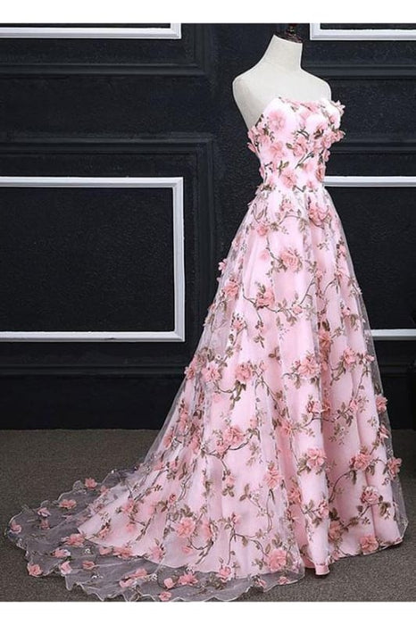 Cheap Pink Dresses A-line Strapless Floral Long Prom Elegant Party Dress - Prom Dresses