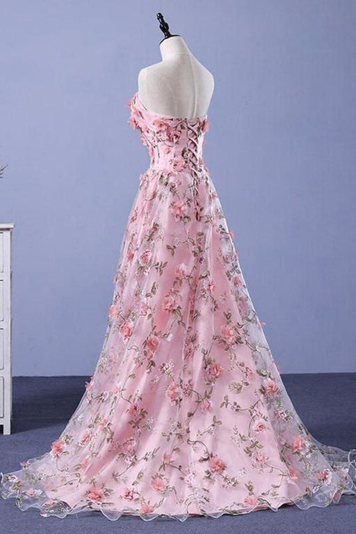 Cheap Pink Dresses A-line Strapless Floral Long Prom Elegant Party Dress - Prom Dresses