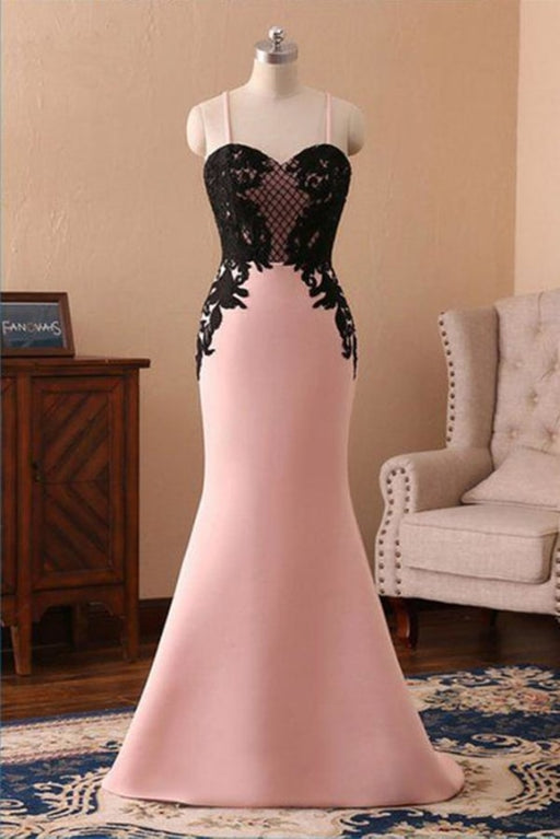 Cheap Pink Spaghetti Straps Sweetheart Long Mermaid Black Lace Prom Dress - Prom Dresses