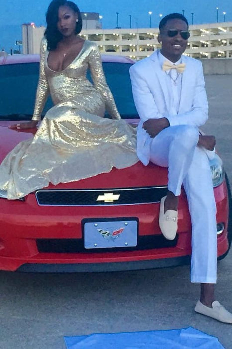 Cheap Shiny Gold Long Sleeves Floor Length Prom Dresses - Prom Dresses