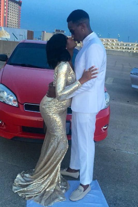 Cheap Shiny Gold Long Sleeves Floor Length Prom Dresses - Prom Dresses