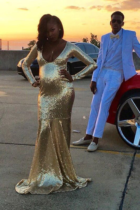 Cheap Shiny Gold Long Sleeves Floor Length Prom Dresses - Prom Dresses