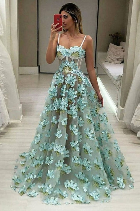 Cheap Spaghetti Strap Flower Lace Prom A Line Floor Length Evening Dress - Prom Dresses