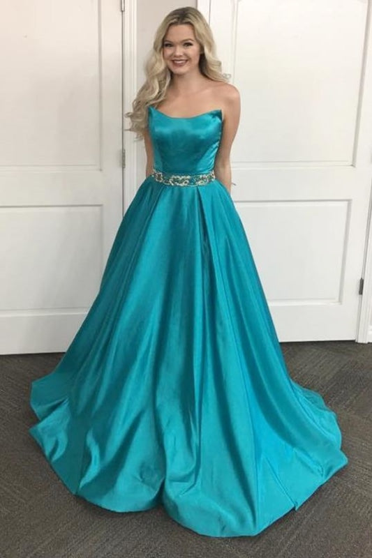 Cheap Turquoise Special A-line Strapless Long Prom Dress with Beads Sash - Prom Dresses