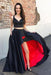Cheap Unique A-Line Two Piece Black V-neck Straps Satin Long Prom Dress - Prom Dresses
