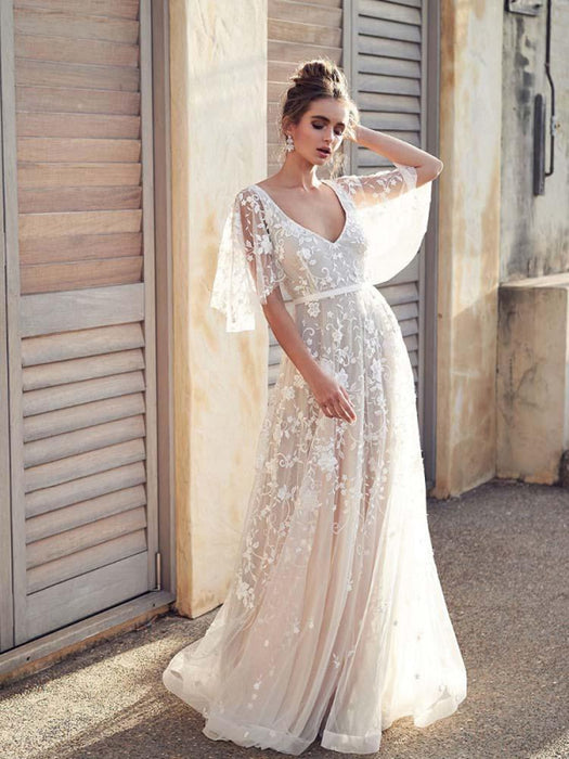 V Neck Half Sleeve Lace Boho Wedding Dress | Beach Bridal Gown - Bridelily V Neck Half Sleeve Lace Boho Wedding Dress | Beach Bridal Gown - Bridelily