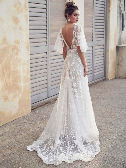 Cheap V Neck Half Sleeve Lace Boho Wedding Dresses - wedding dresses