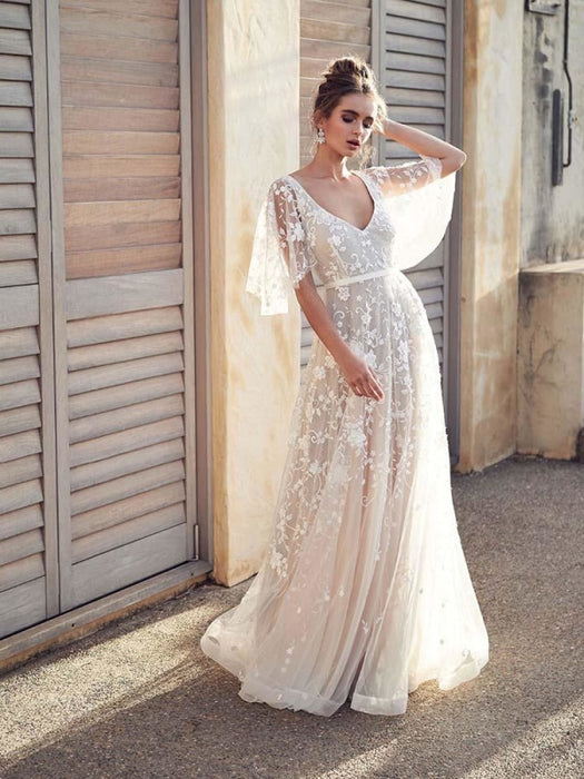 Cheap V Neck Half Sleeve Lace Boho Wedding Dresses - Champagne / Floor Length - wedding dresses
