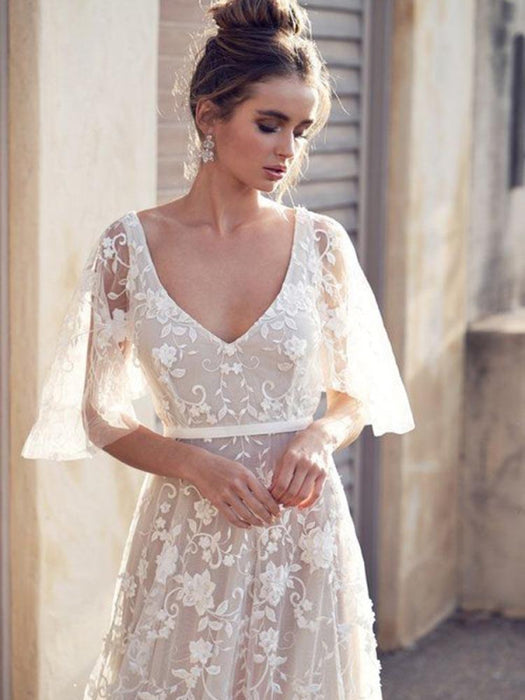 V Neck Half Sleeve Lace Boho Wedding Dress | Beach Bridal Gown - Bridelily V Neck Half Sleeve Lace Boho Wedding Dress | Beach Bridal Gown - Bridelily