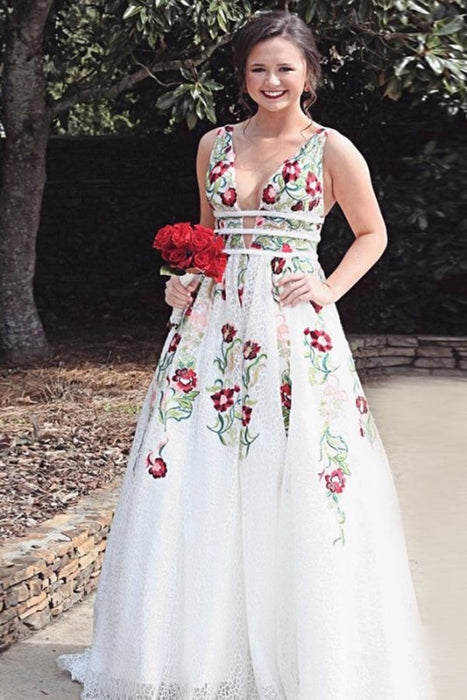 Cheap V Neck Prom Dresses Sleeveless Floor Length Formal Dress with Appliques - Prom Dresses