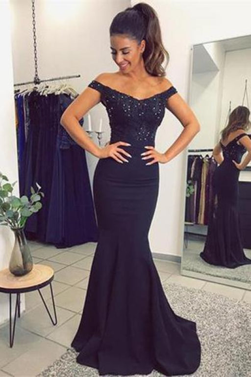 Chic Affordable Graceful Navy Blue Off The Shoulder Mermaid Stretch Evening Dresses with Lace Beads - Prom Dresses