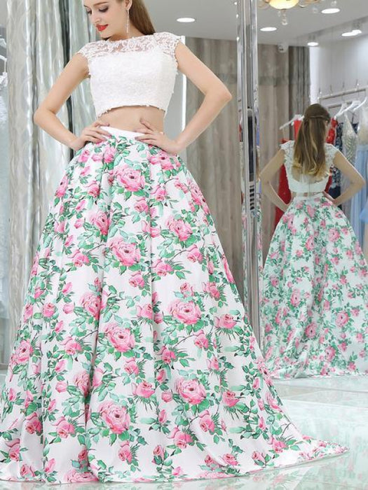 Chic Affordable Sexy Princess Two Piece Cap Sleeves White Lace Floral Long Prom Dresses - Prom Dresses