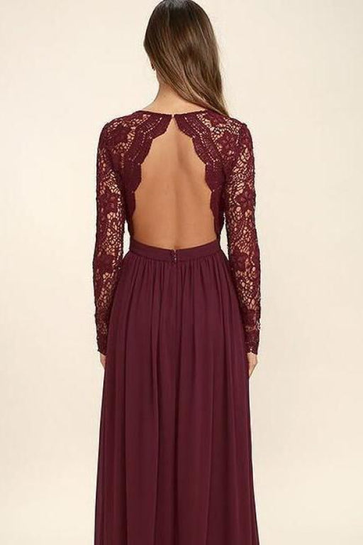 Chic Best Attractive Burgundy Sleeve V-neck Backless Lace Top Chiffon Long Bridesmaid Prom Dress - Prom Dresses