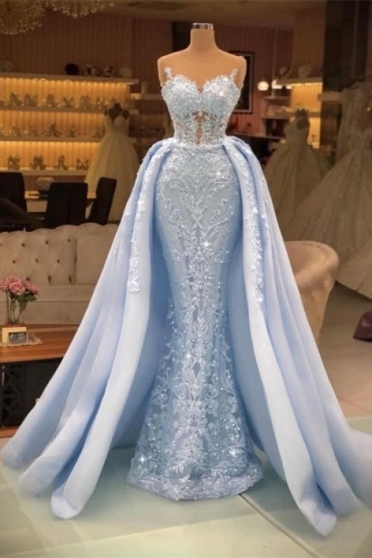 Chic Blue evening dresses long lace Prom dresses - Prom Dresses