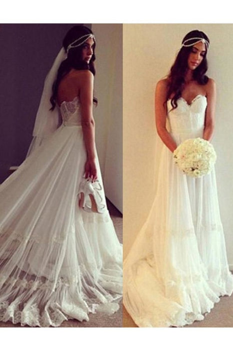 Chic Boho Beach Sweetheart Lace A Line Wedding Dress - Wedding Dresses