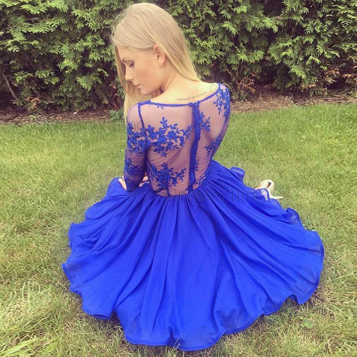 Chic Excellent Elegant A-Line V-Neck Long Sleeves Chiffon Lace Homecoming Royal Blue Party Dress - Prom Dresses