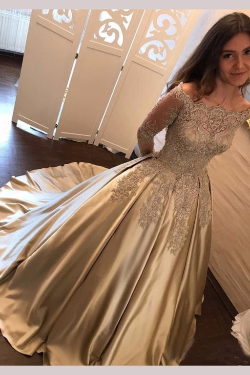 Chic Gold Off Shoulder Long Sleeve Ball Gown Appliques Satin Prom Dress - Prom Dresses