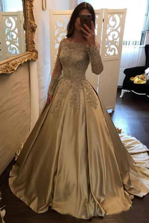 Chic Gold Off Shoulder Long Sleeve Ball Gown Appliques Satin Prom Dress - Prom Dresses