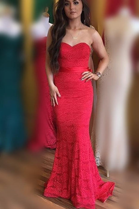 Chic Graceful Best Elegant Sweetheart Mermaid Red Lace Long Prom with Sash Bridesmaid Dress - Prom Dresses