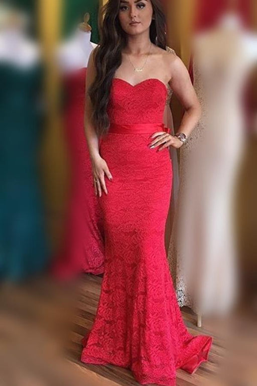 Chic Graceful Best Elegant Sweetheart Mermaid Red Lace Long Prom with Sash Bridesmaid Dress - Prom Dresses