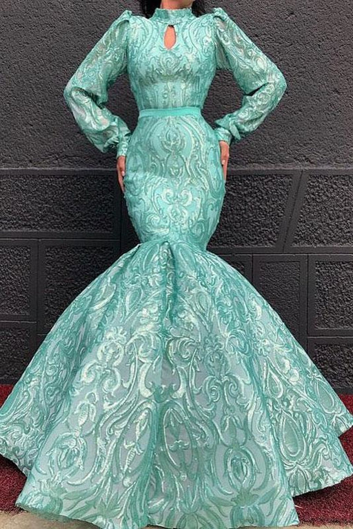 Chic Lace High Neck Long Sleeve Mermaid Prom Dresses - Prom Dresses