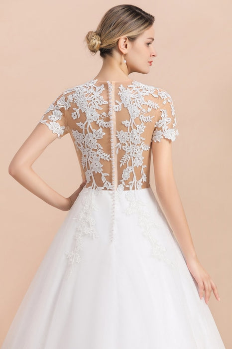 Chic Lace Tulle A-line Short Sleeve Wedding Dress - Wedding Dresses