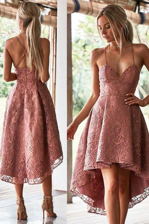 Chic Pink High-Low Dress Spaghetti Straps Lace Homecoming Gown - Prom Dresses