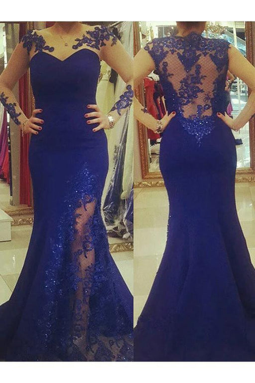 Chic Royal Blue Mermaid Prom Sheer Sleeves Plus Size Dress - Prom Dresses